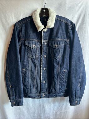 GAP Denim Sherpa Lined Jacket Womens Medium Dark Wash Trucker